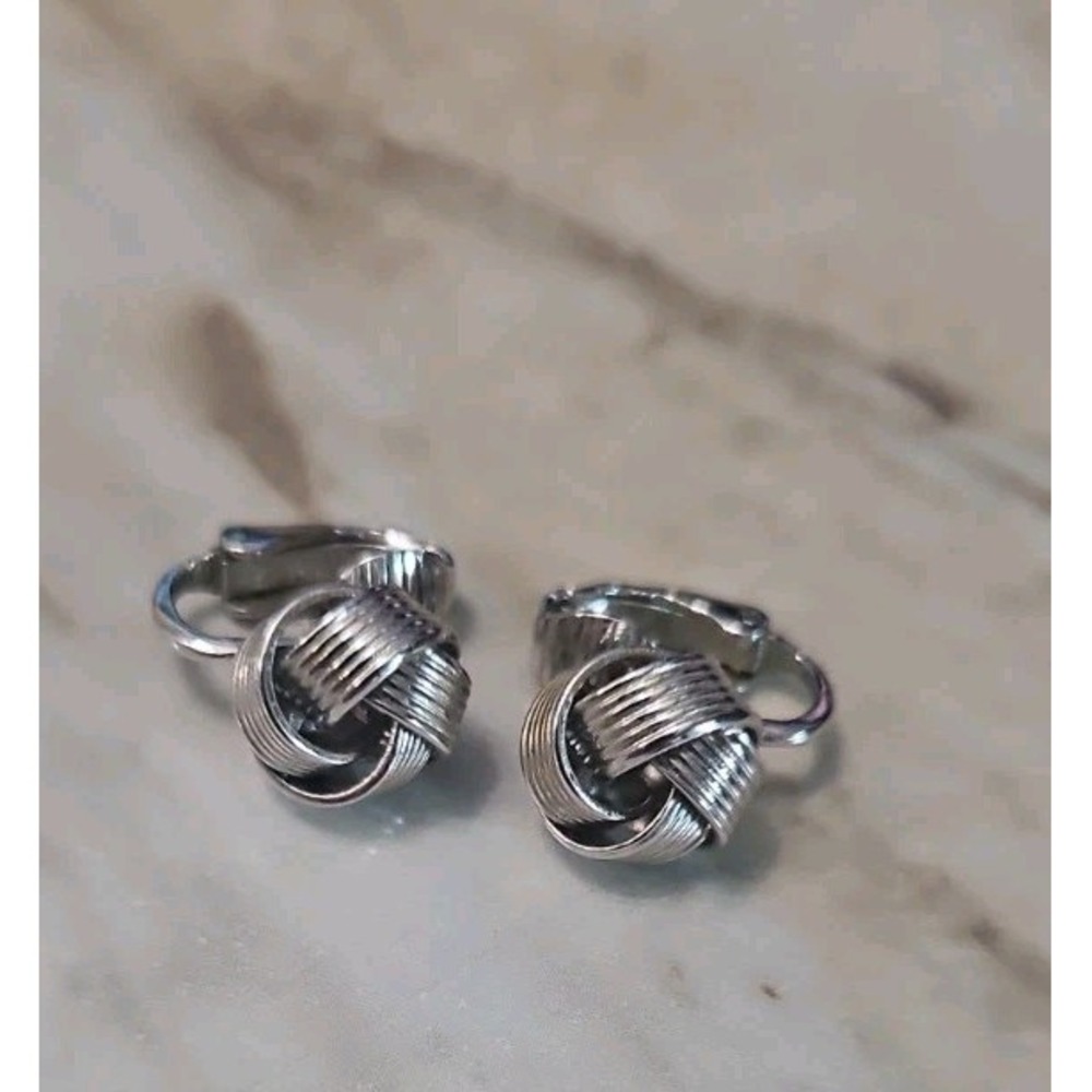 Trifari Silver Tone Vintage Knot Clip-On Earrings